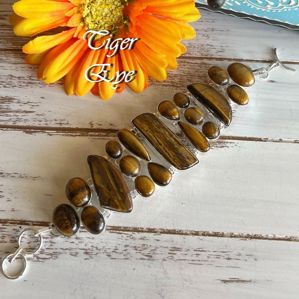 Tiger Eye Bracelet Handmade Gemstone Crystal 925 Silver Large Adjustable Ethnic - Picture 2 of 12
